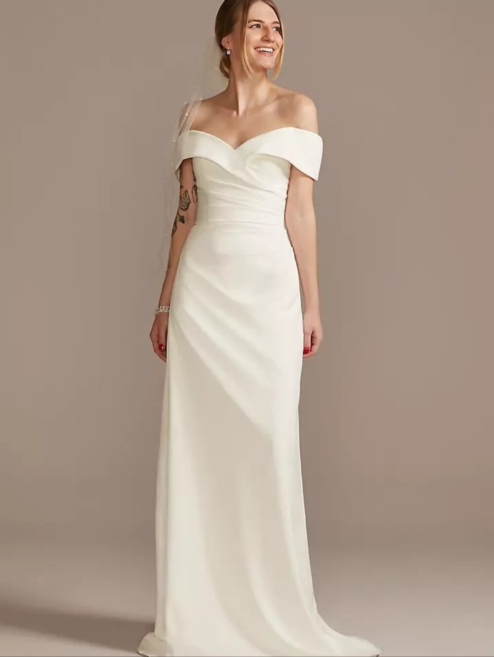 David's Bridal Off-Shoulder Ivory Wedding Gown